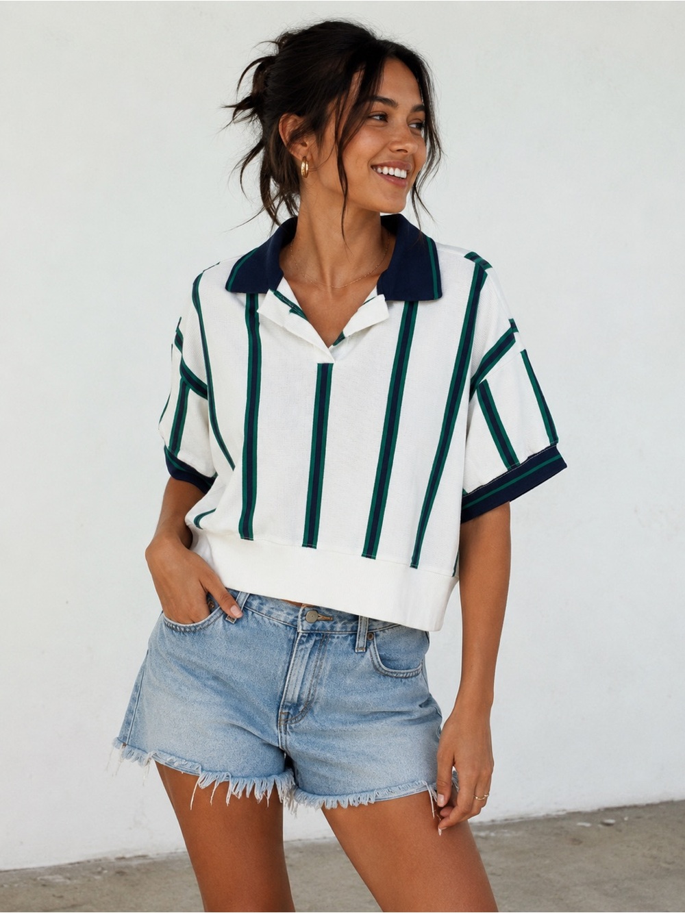 Maeve Striped Cropped Polo Top White Green Navy Size Large